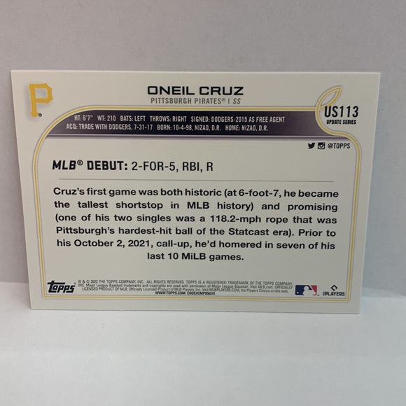 2022 Topps Update Oneil Cruz RC Pirates #US113 (MISC7) - Picture 2 of 2